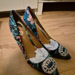 River Island Blue Floral Heels with Embellishments
